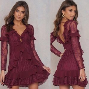 NWT For Love & Lemons Daphne Mini Dress Bordeaux S